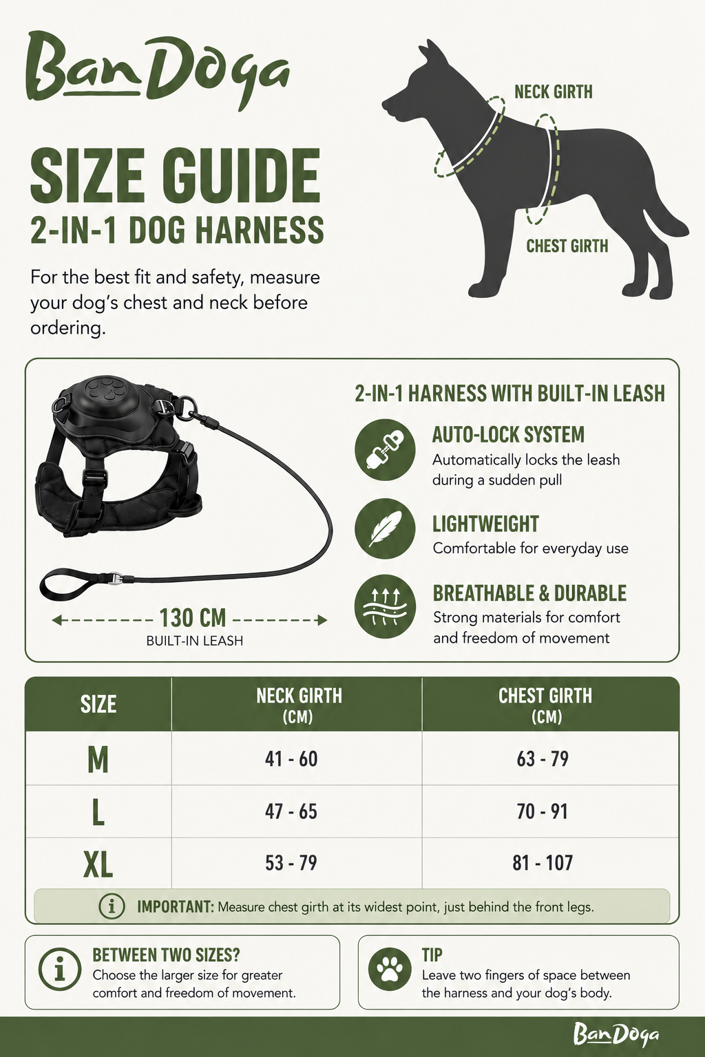 Bandoga 2-in-1 dog harness size guide: neck and chest girth for sizes M, L and XL