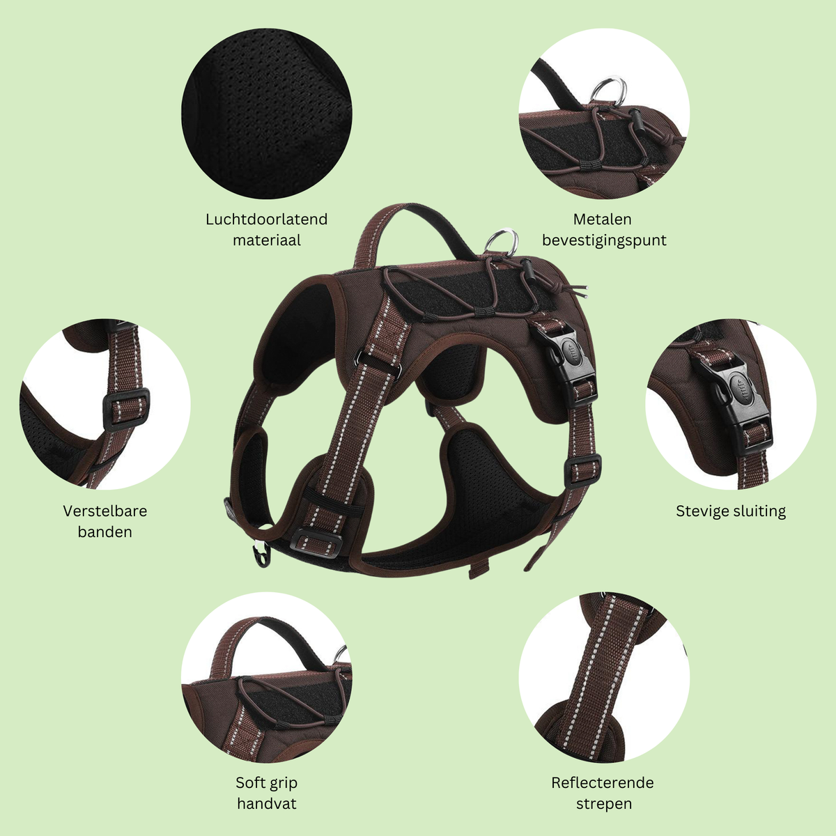 Brown Bandoga dog harness features: breathable material, metal leash ring, adjustable straps, sturdy buckle, soft grip handle, reflective strips